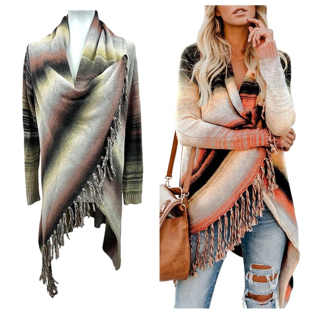 LoveStitch Boho Serape Stripe Asymmetrical Fringe Duster Cardigan Sweater